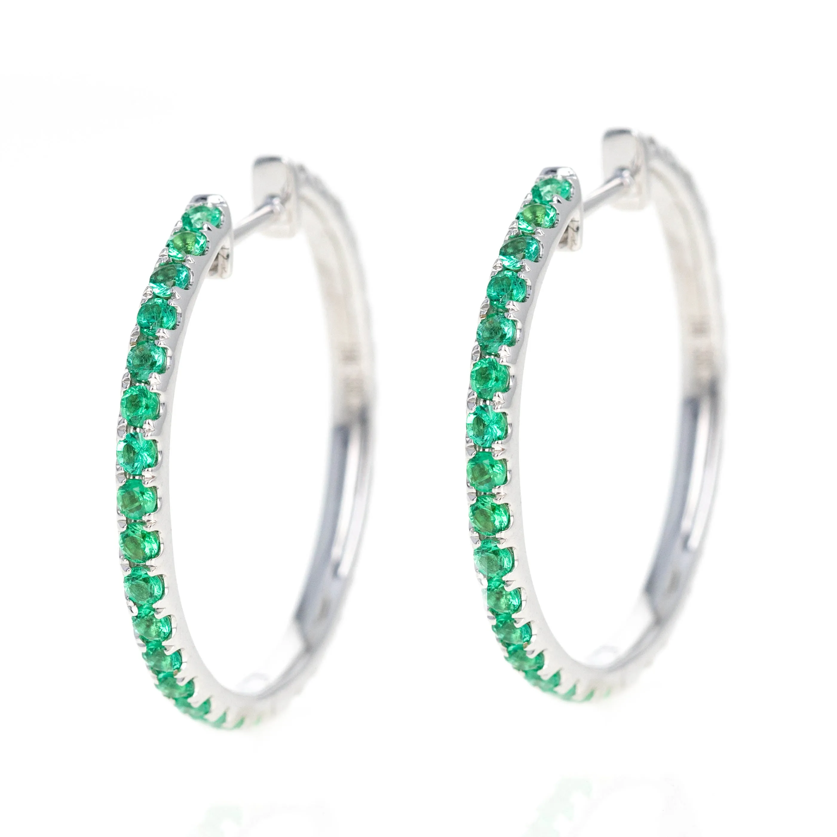 14K White Gold Natural Emerald Diamond Reversible Hoop Earrings