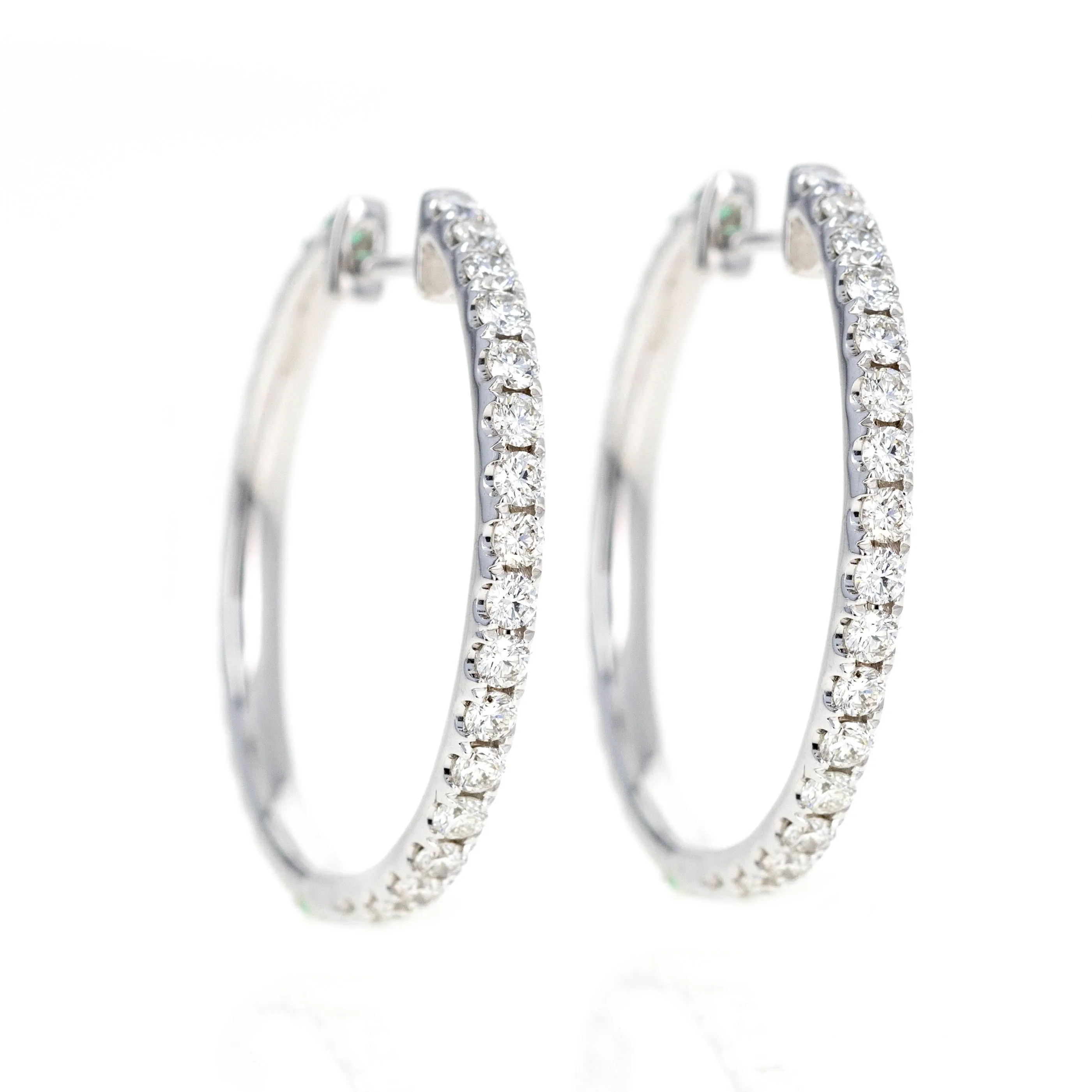 14K White Gold Natural Emerald Diamond Reversible Hoop Earrings