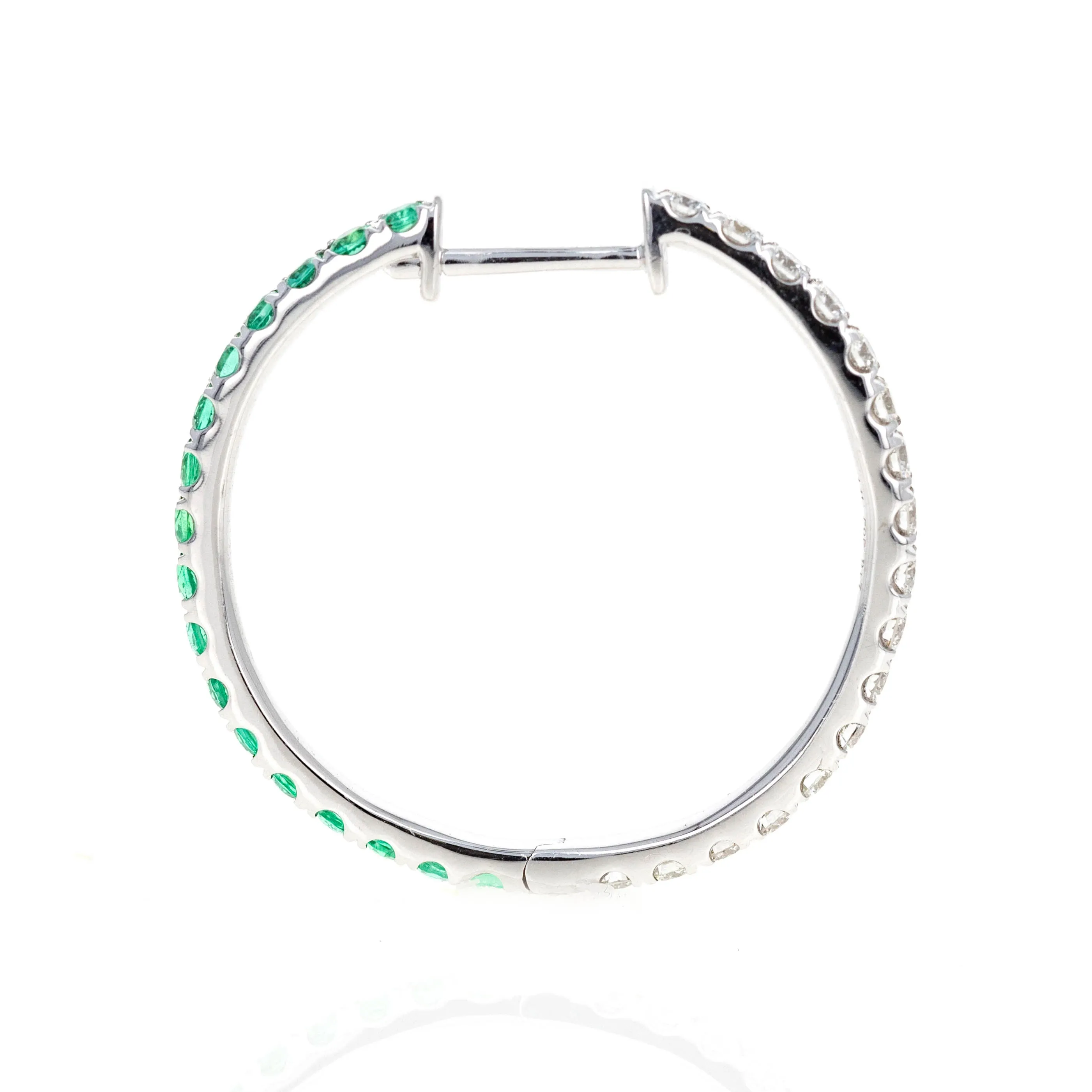 14K White Gold Natural Emerald Diamond Reversible Hoop Earrings