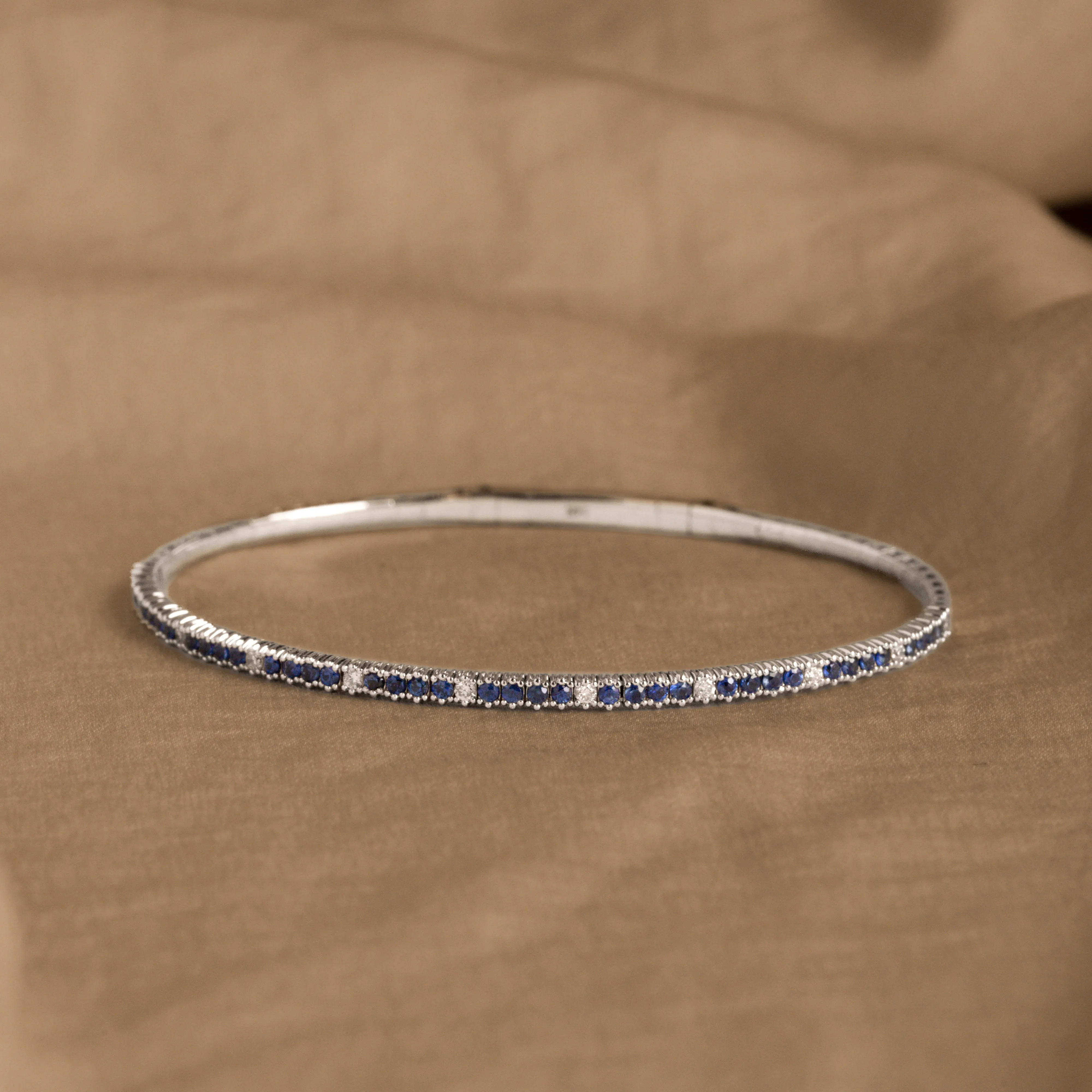 14K White Gold Natural Sapphire Diamond Flexible Bangle