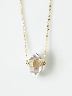 18K Gold Herkimer Diamond Necklace with Diamond Slice