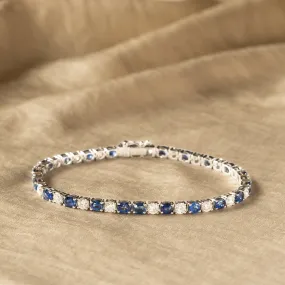 18K White Gold Oval Natural Sapphire Diamond Tennis Bracelet