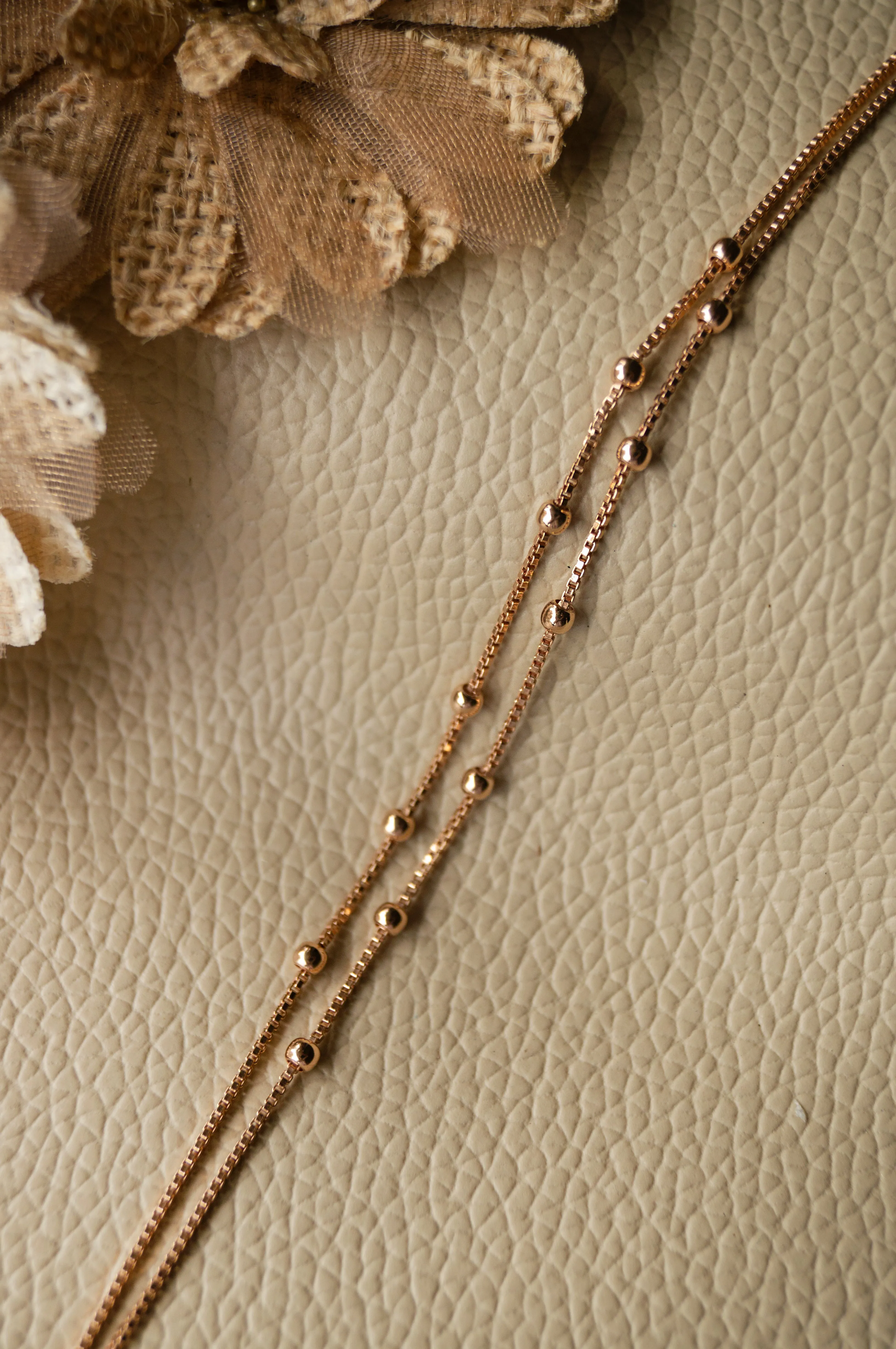 2 Layer Station Beads Rose Gold Plated Sterling Silver Chain Bracelet