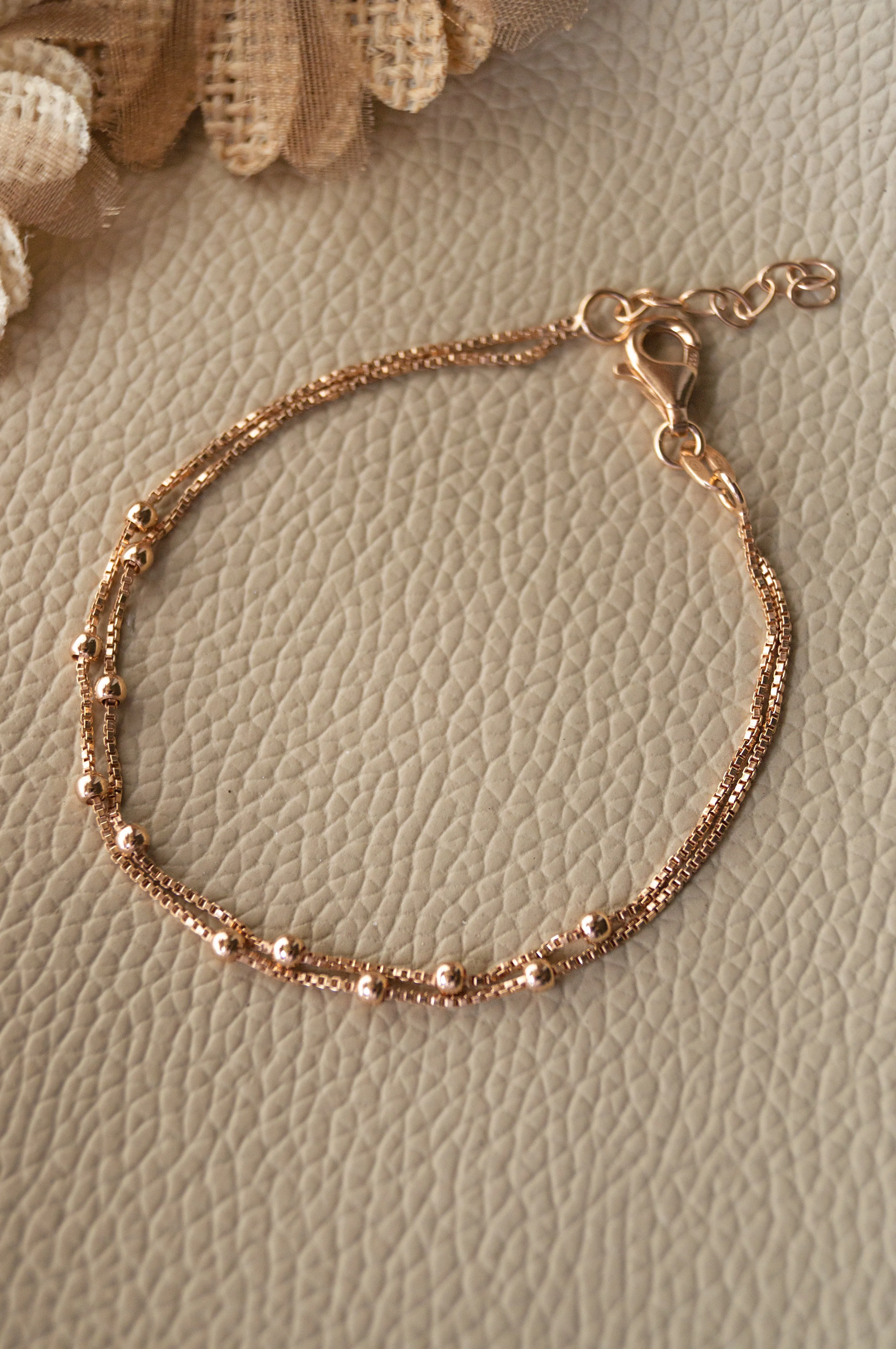 2 Layer Station Beads Rose Gold Plated Sterling Silver Chain Bracelet