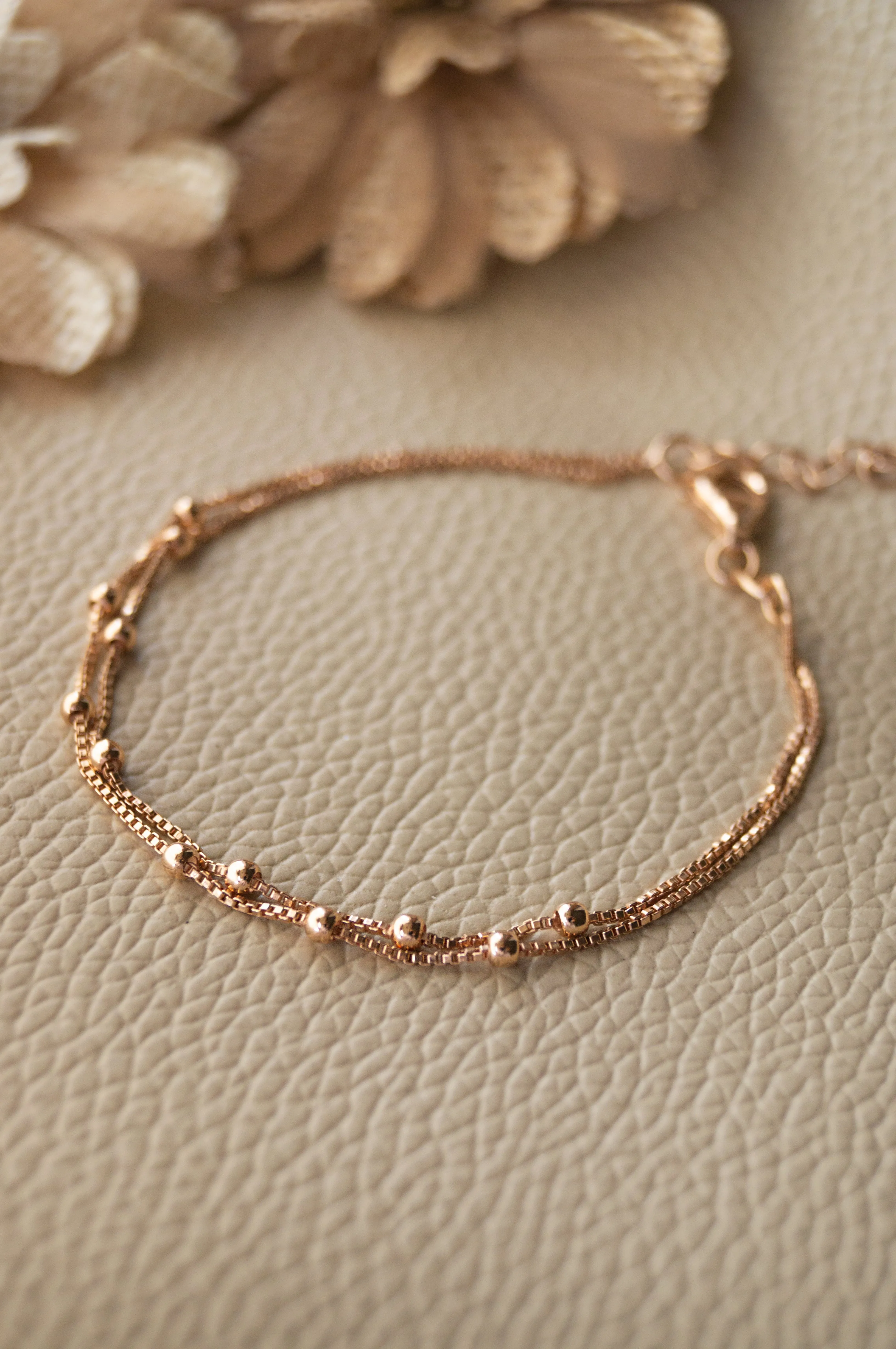 2 Layer Station Beads Rose Gold Plated Sterling Silver Chain Bracelet