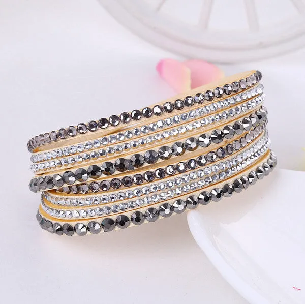 2016 New Leather Bracelet Rhinestone Crystal Bracelet Wrap Multilayer Bracelets for women feminino pulseras mulher Jewelry