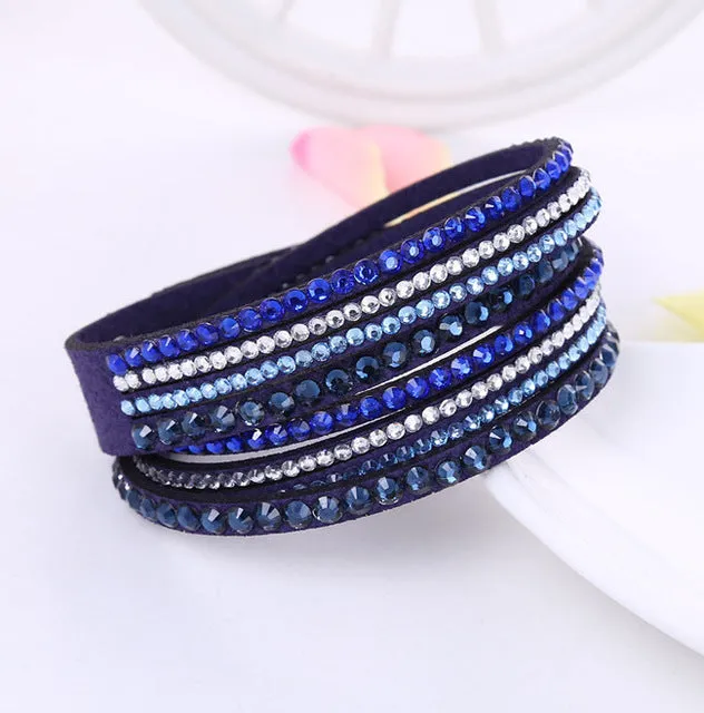 2016 New Leather Bracelet Rhinestone Crystal Bracelet Wrap Multilayer Bracelets for women feminino pulseras mulher Jewelry