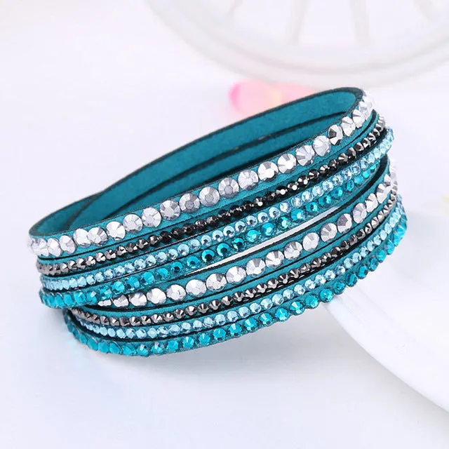 2016 New Leather Bracelet Rhinestone Crystal Bracelet Wrap Multilayer Bracelets for women feminino pulseras mulher Jewelry