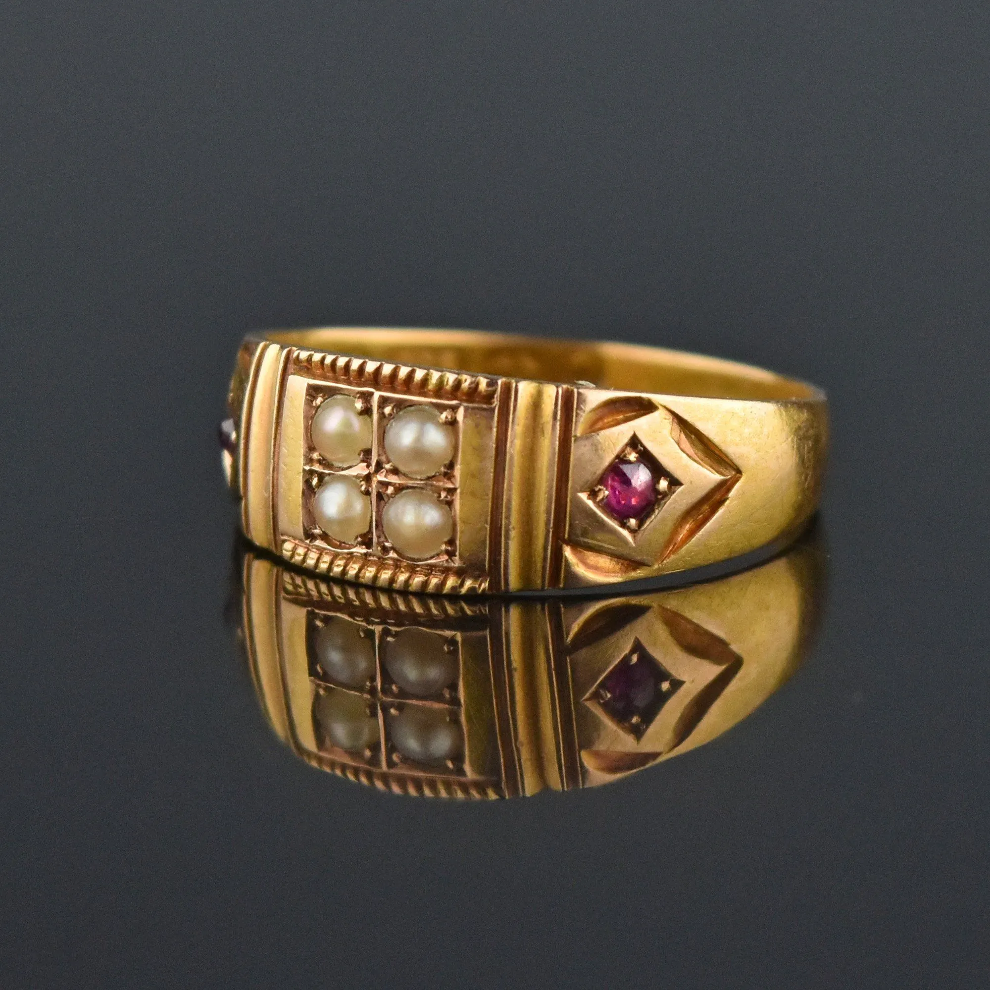 4th Payment Antique 15K Gold Ruby Pearl Gypsy Band Ring, C 1880s