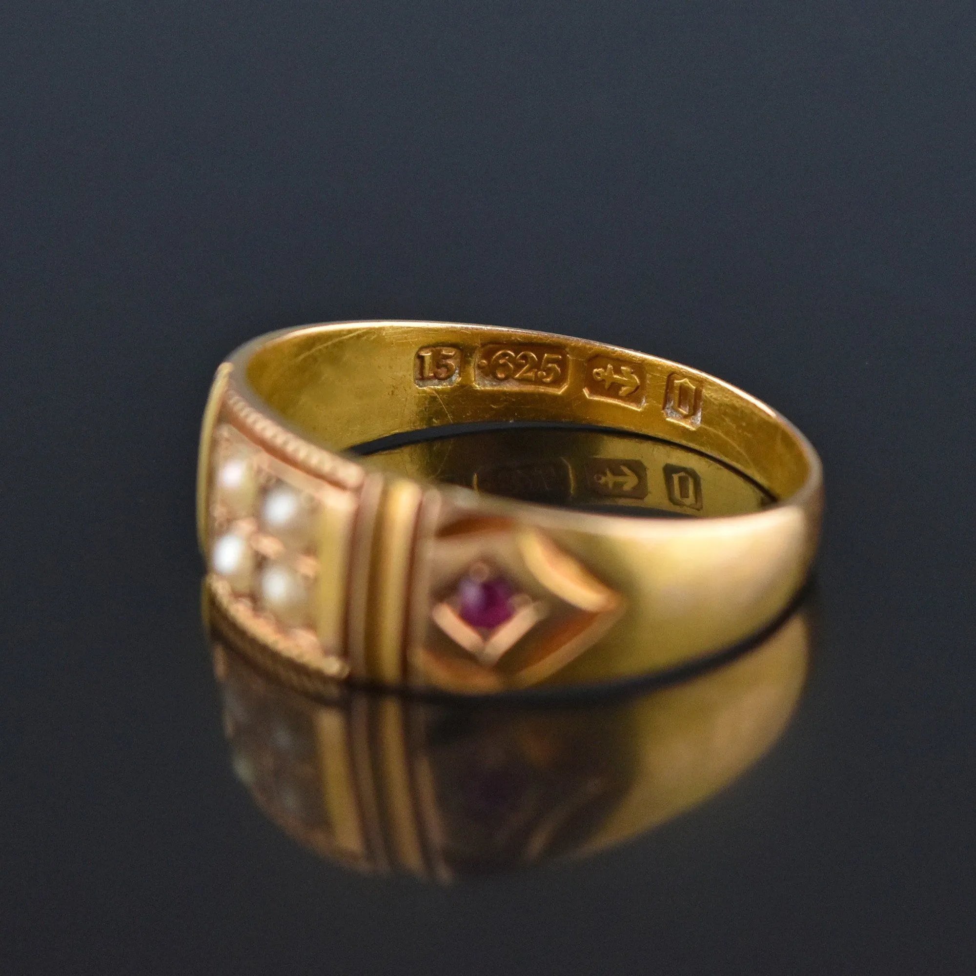 4th Payment Antique 15K Gold Ruby Pearl Gypsy Band Ring, C 1880s