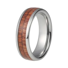 6mm Dome Shape Koa Wood Inlay with Silver Edges Tungsten Ring