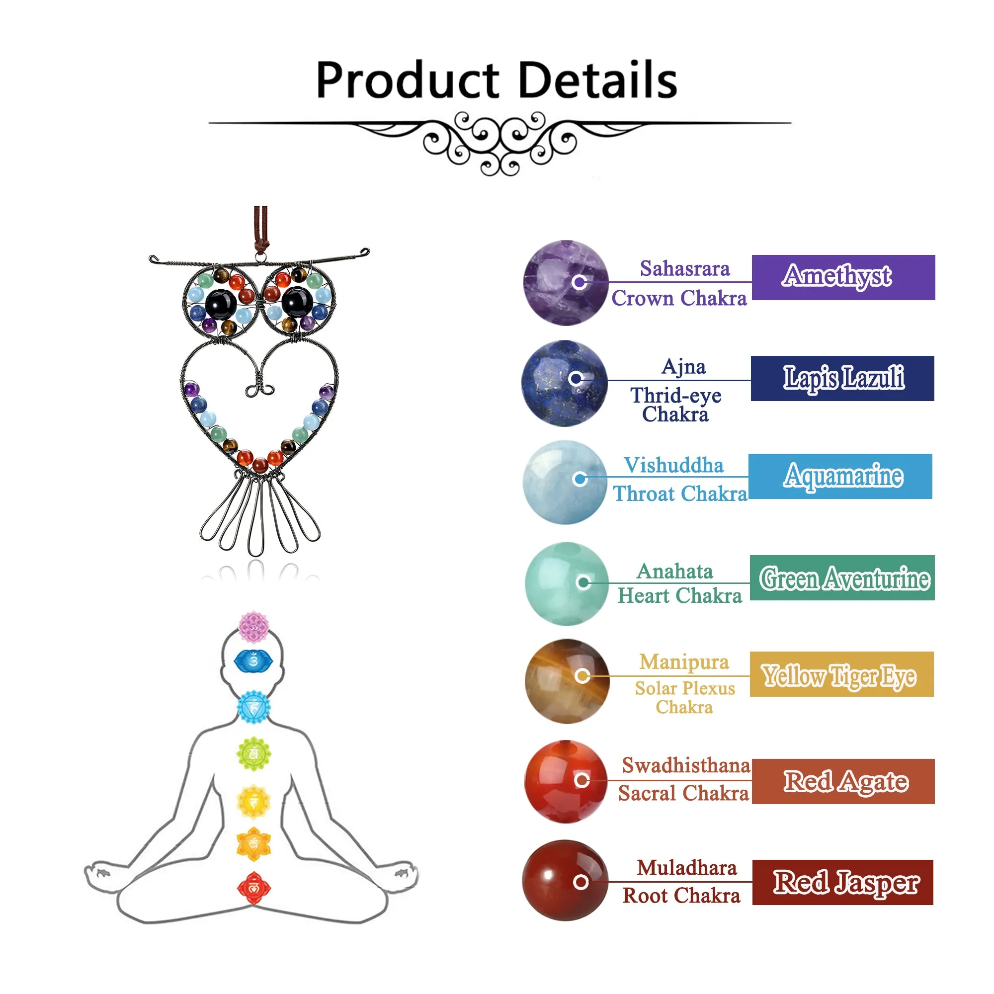 7 Chakra Owl Healing Crystal Stone Hanging Ornament | Jovivi