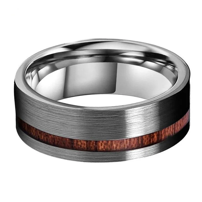 8mm Real Wood Inlay Flat Band and Silver Brushed Finish Tungsten Wedding Ring