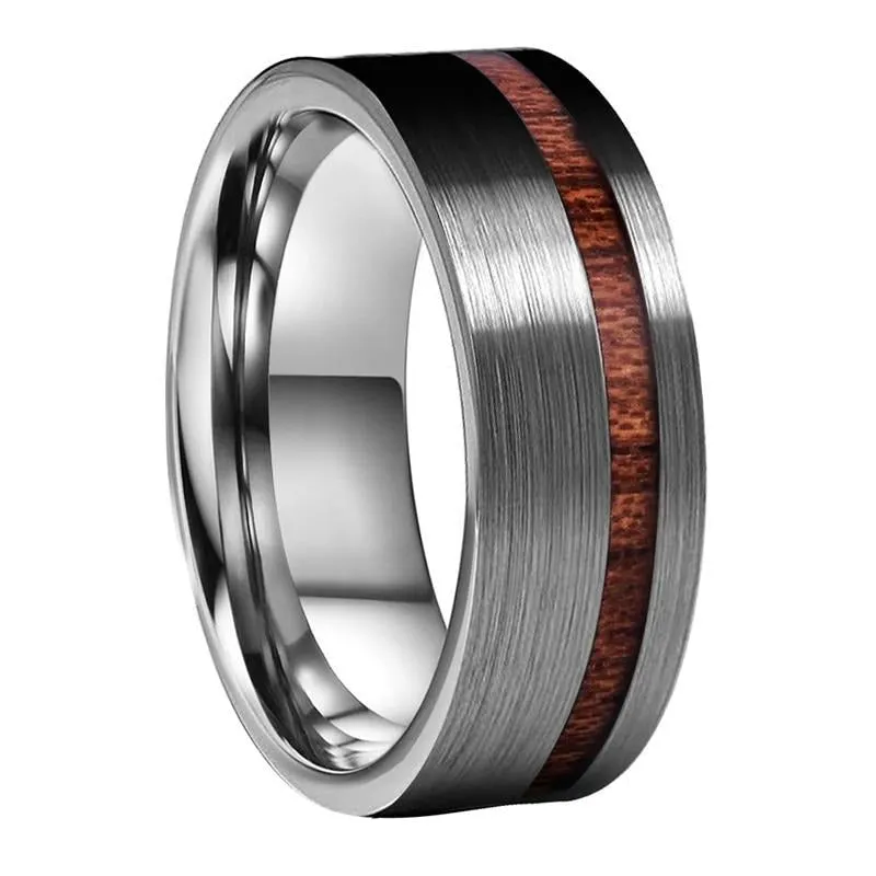 8mm Real Wood Inlay Flat Band and Silver Brushed Finish Tungsten Wedding Ring