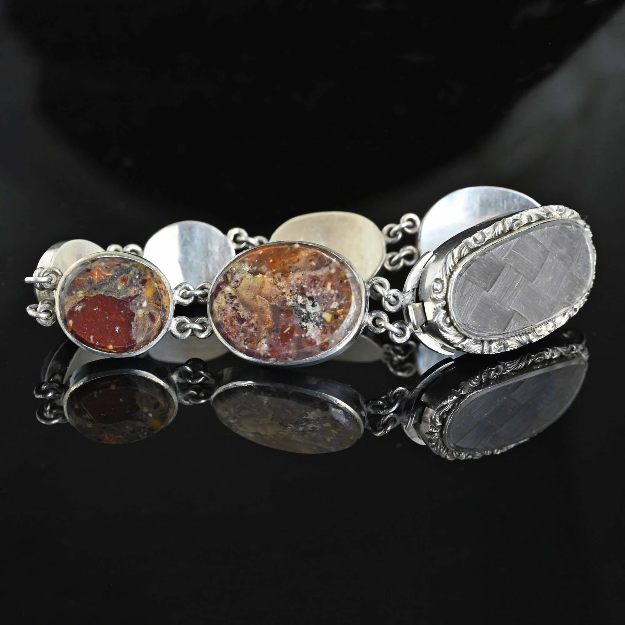 Antique Silver Scottish Agate Locket Bracelet, Mourning Jewelry