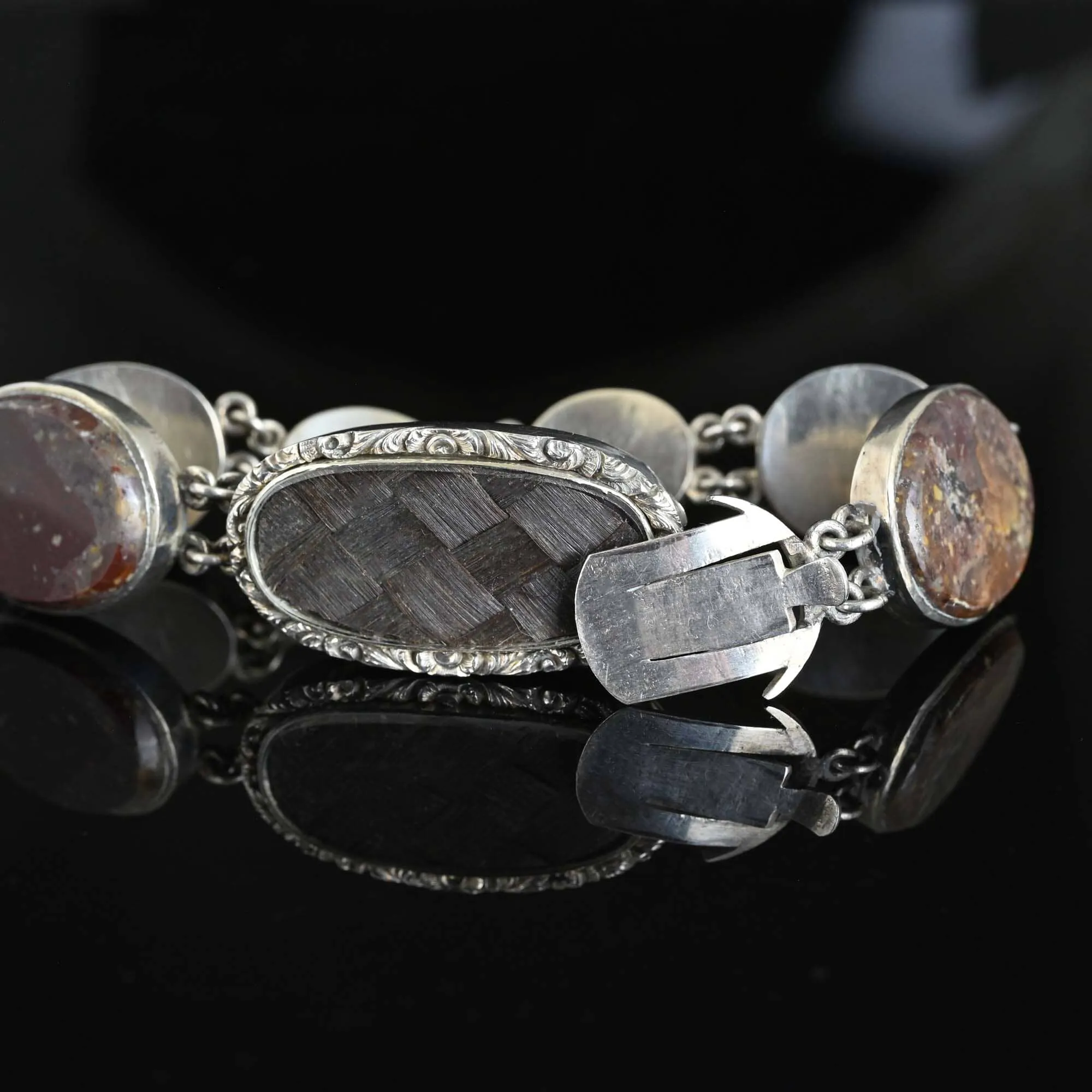 Antique Silver Scottish Agate Locket Bracelet, Mourning Jewelry