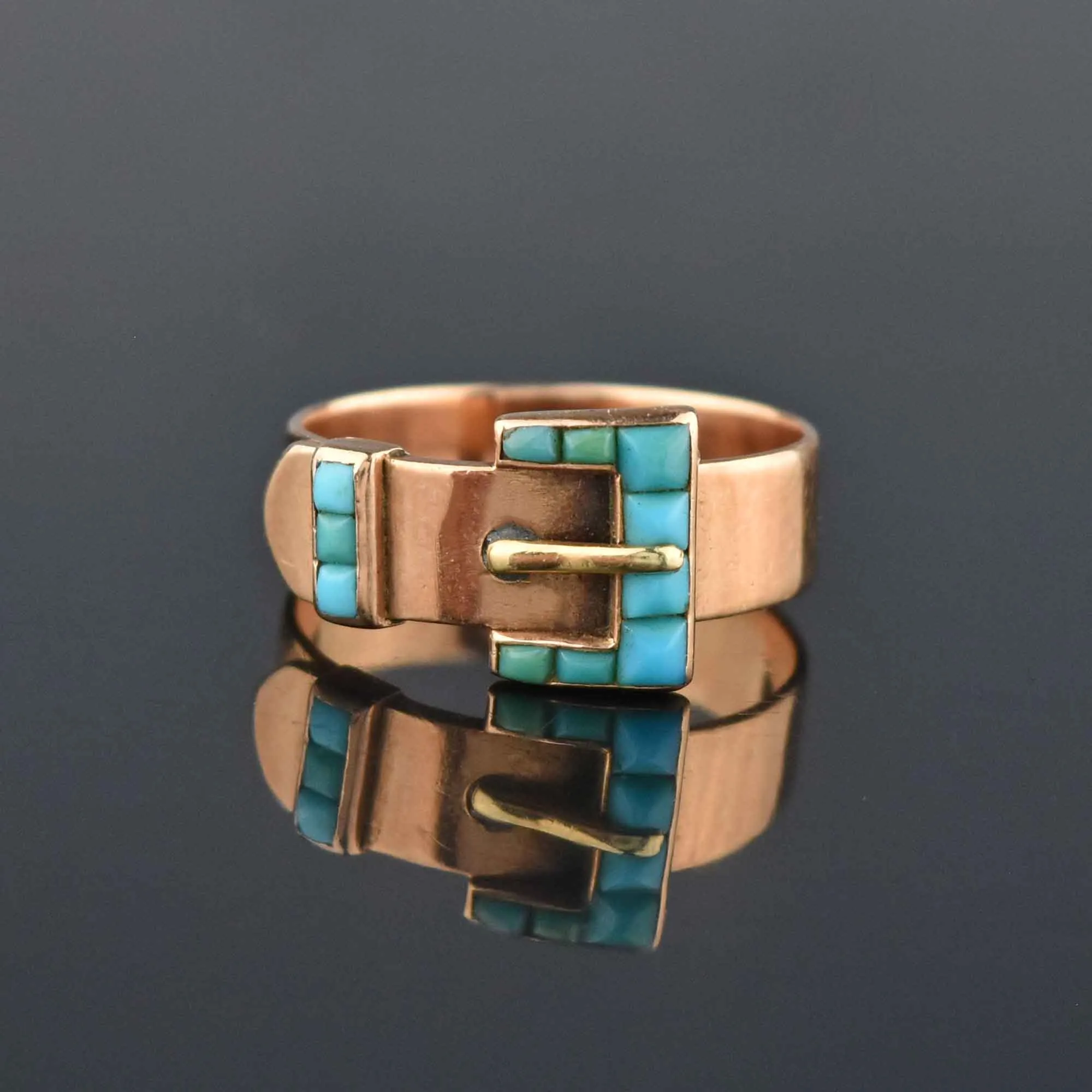 Antique Victorian 14K Rose Gold Turquoise Buckle Ring