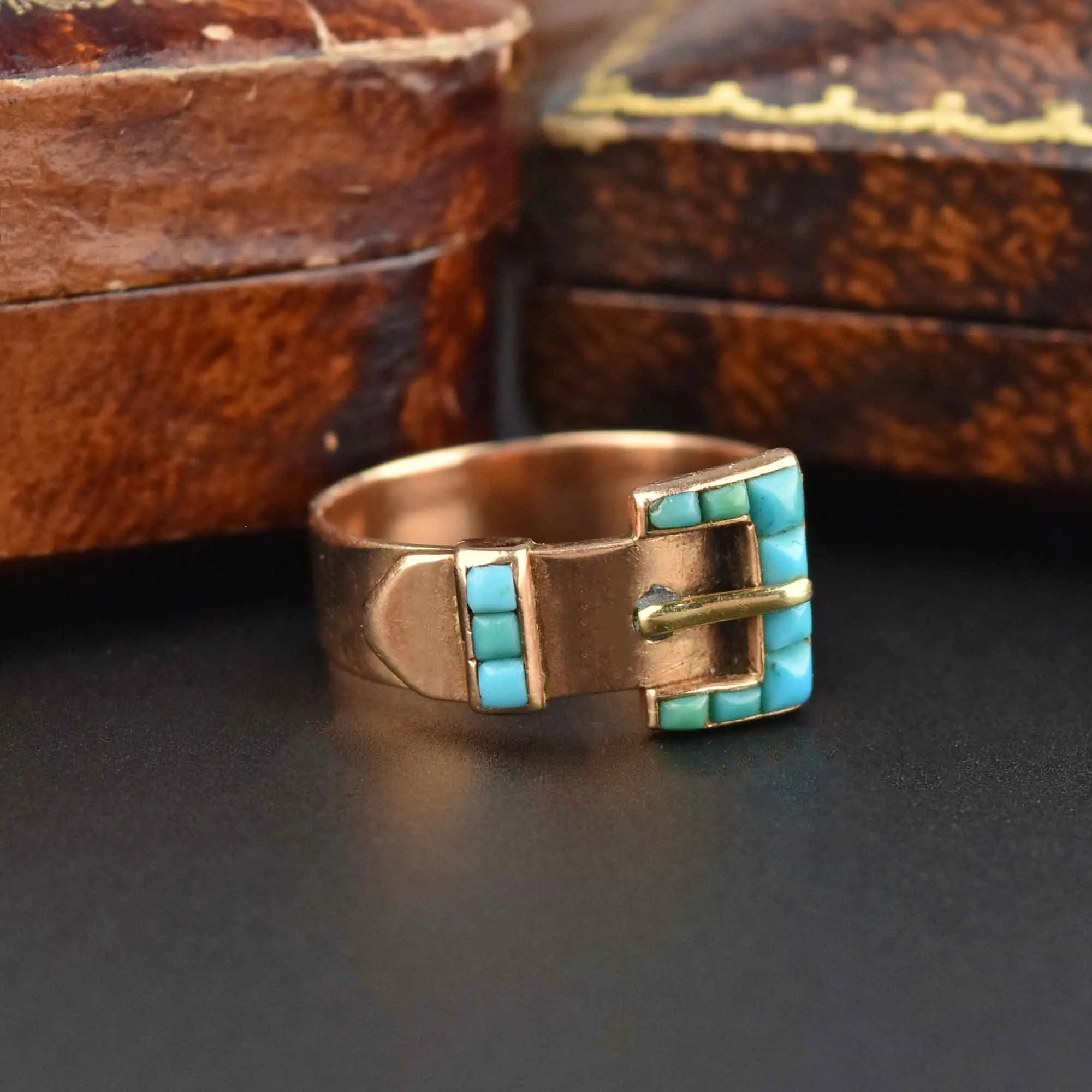 Antique Victorian 14K Rose Gold Turquoise Buckle Ring