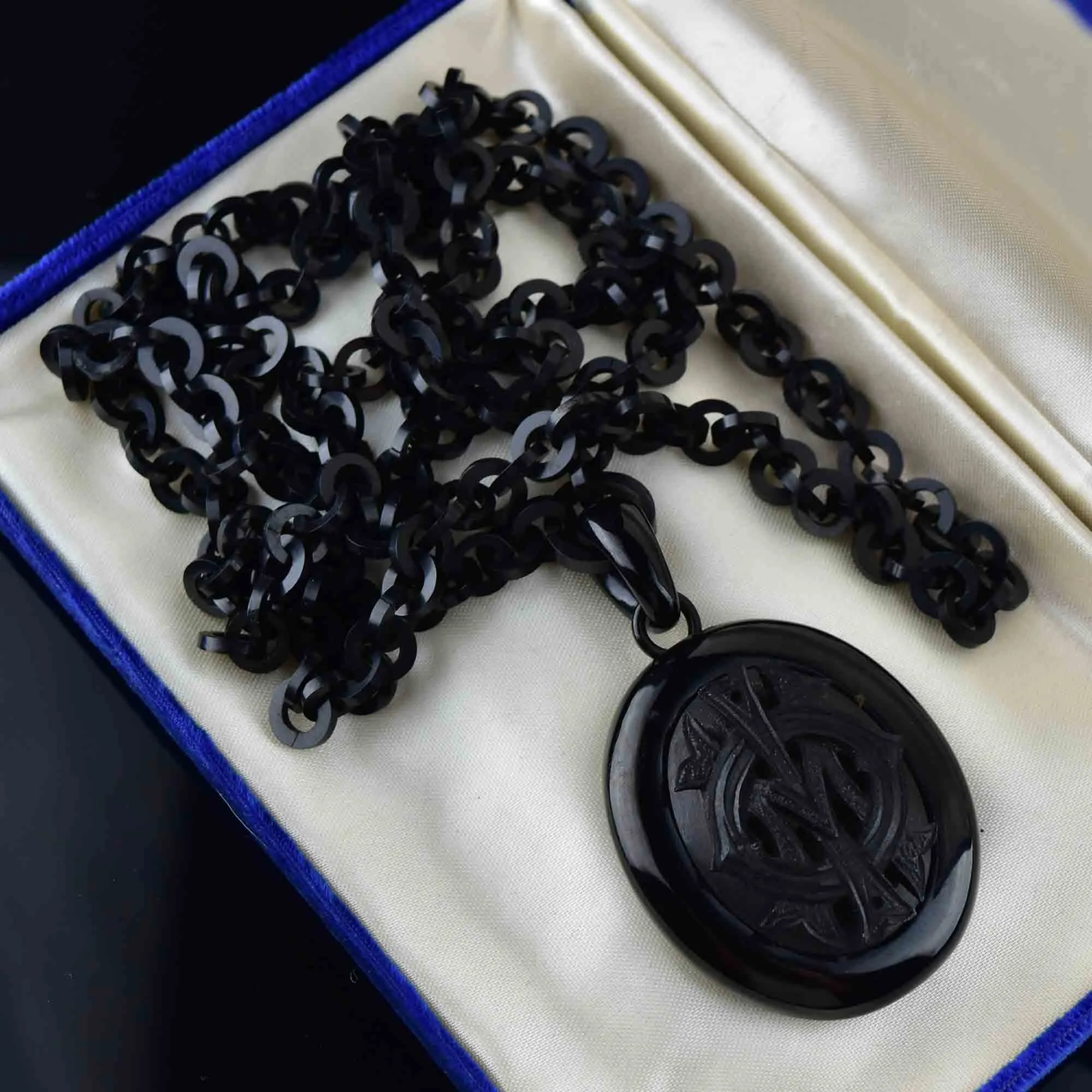 Antique Whitby Jet Victorian Mourning Locket Necklace