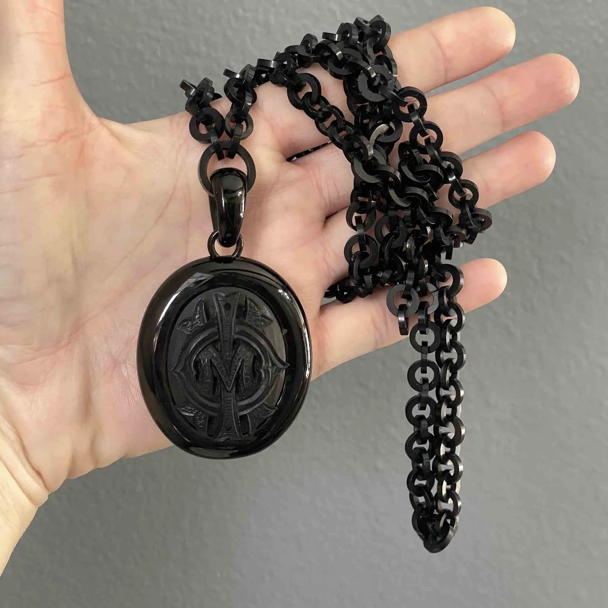 Antique Whitby Jet Victorian Mourning Locket Necklace