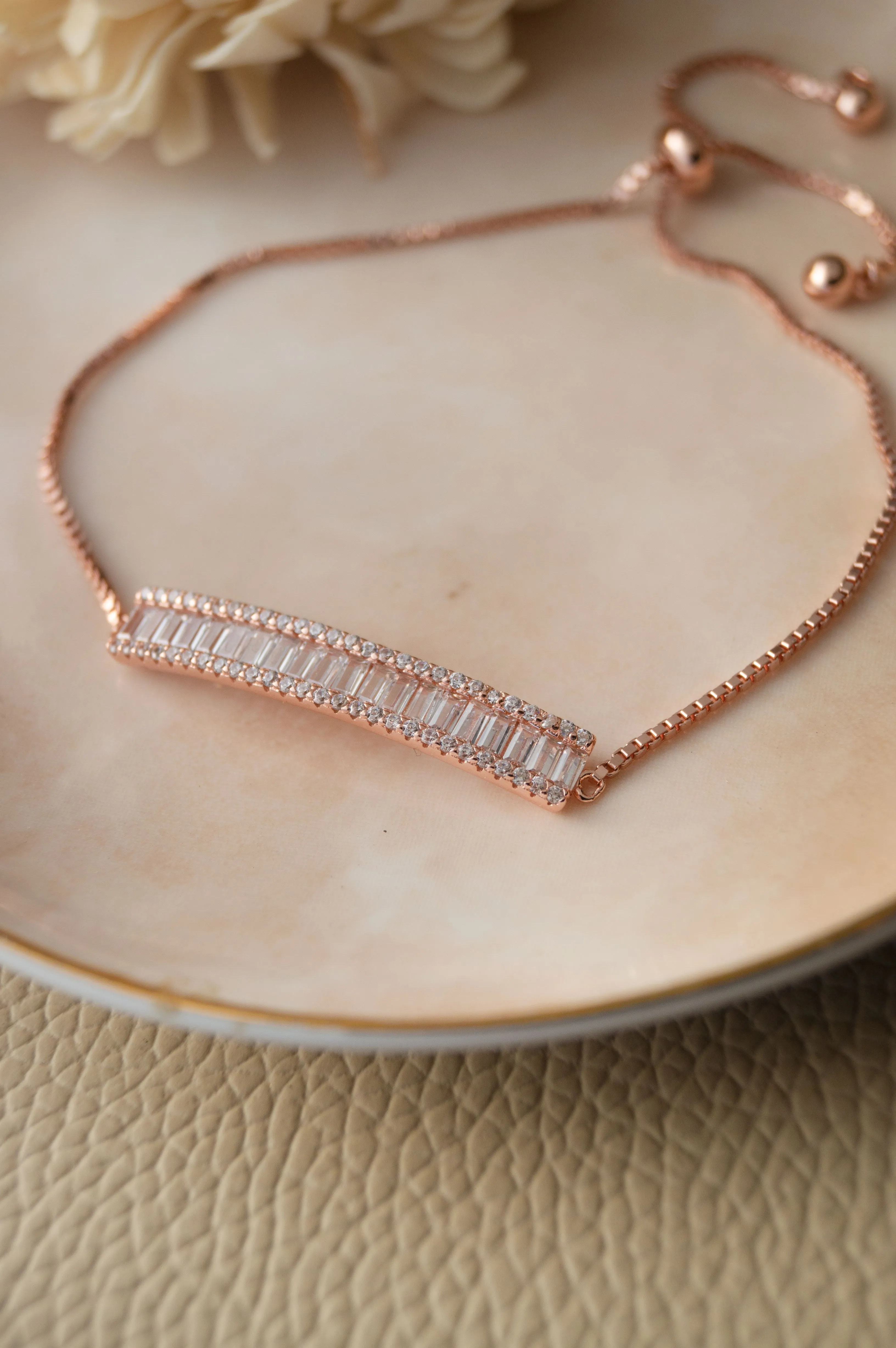 Baguette Bar Rose Gold Plated Sterling Silver Pull Chain Bracelet