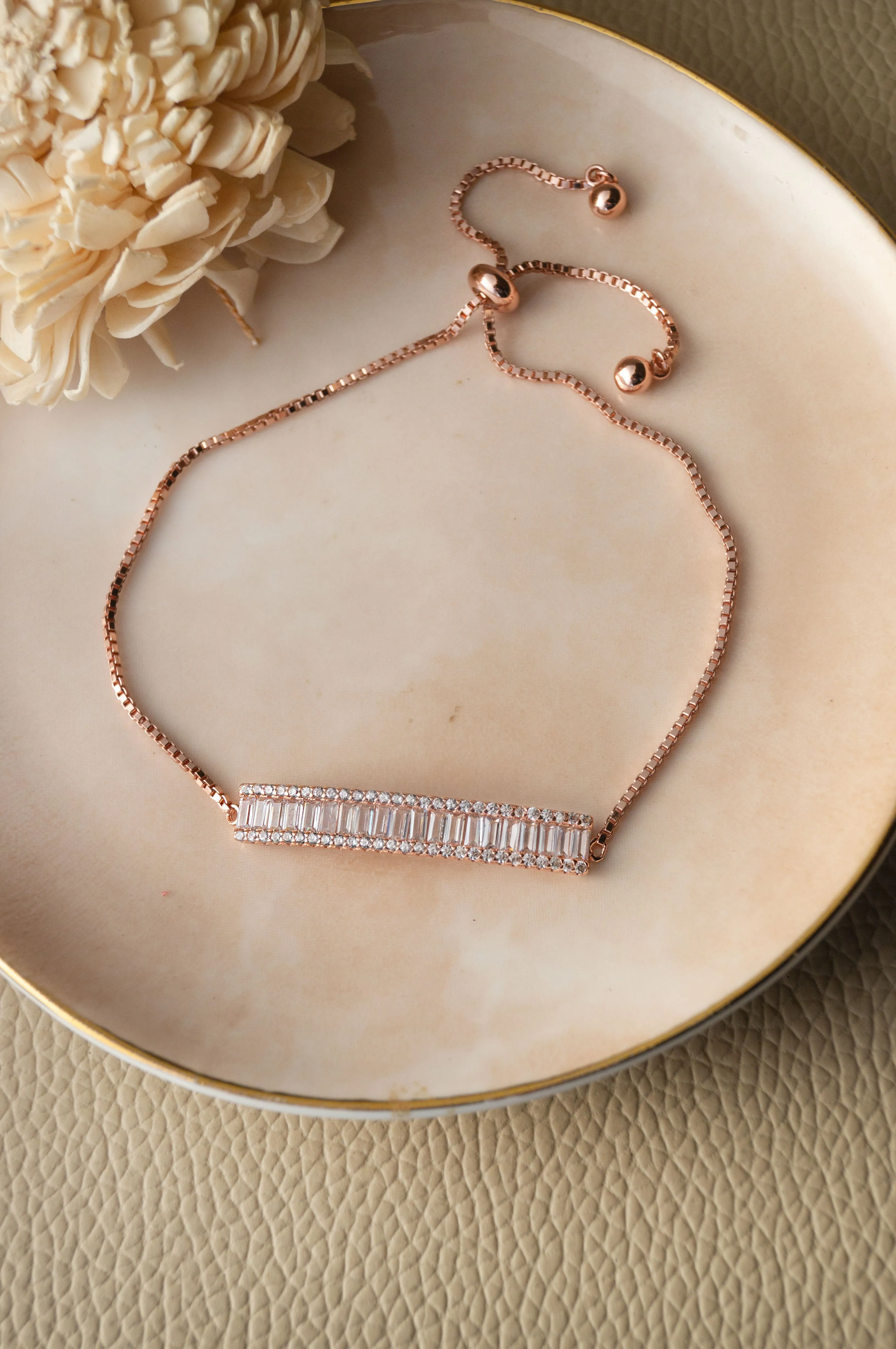 Baguette Bar Rose Gold Plated Sterling Silver Pull Chain Bracelet