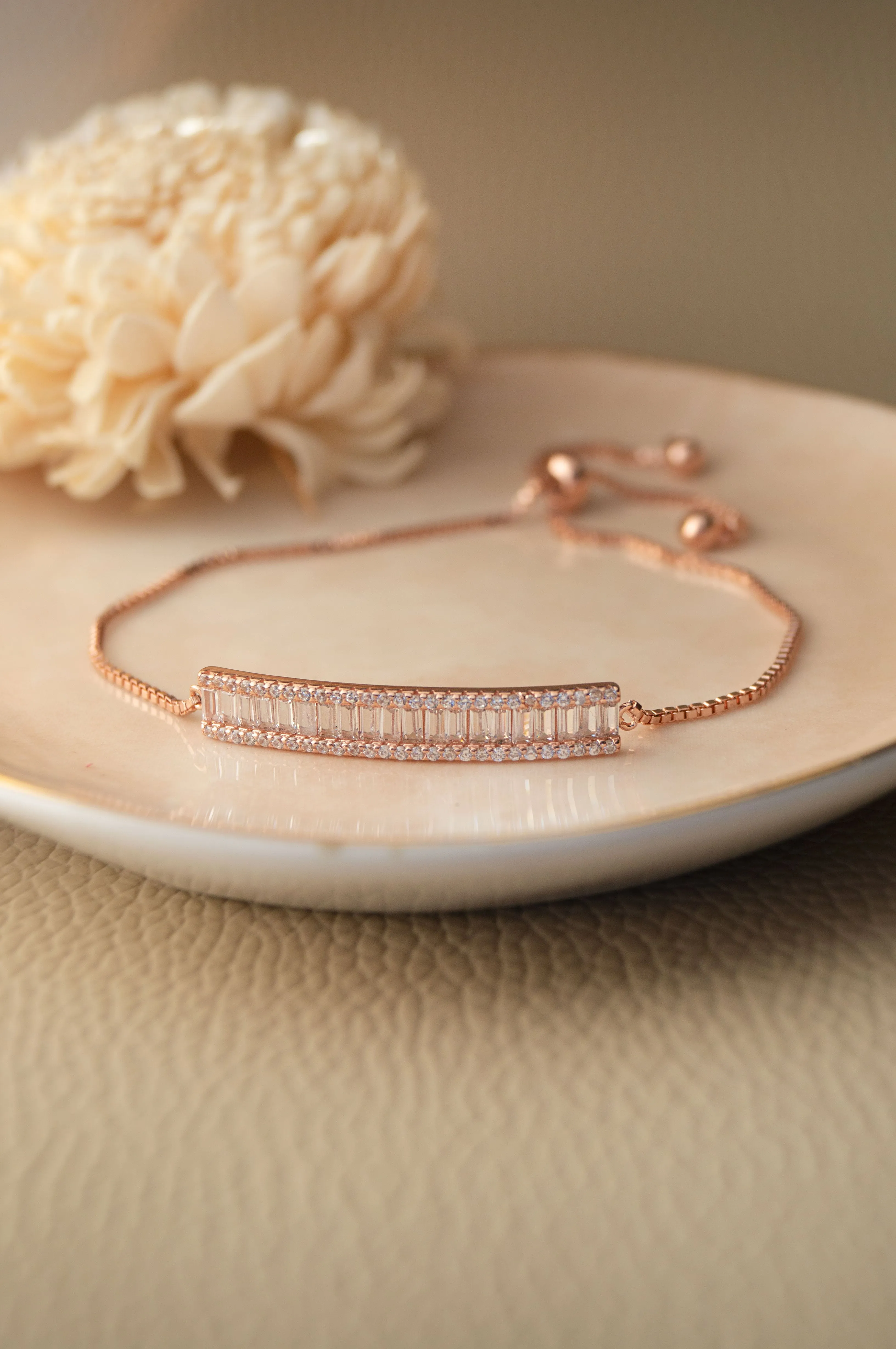 Baguette Bar Rose Gold Plated Sterling Silver Pull Chain Bracelet