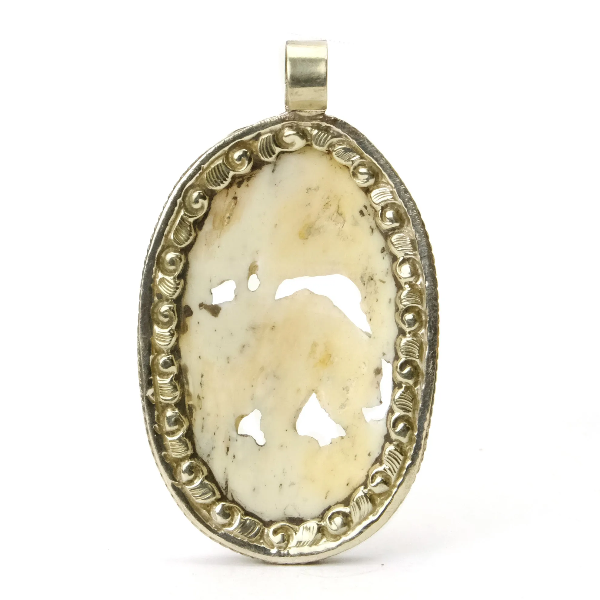 Bear Forest Foraging and Hunting Pendant in White Brass Frame