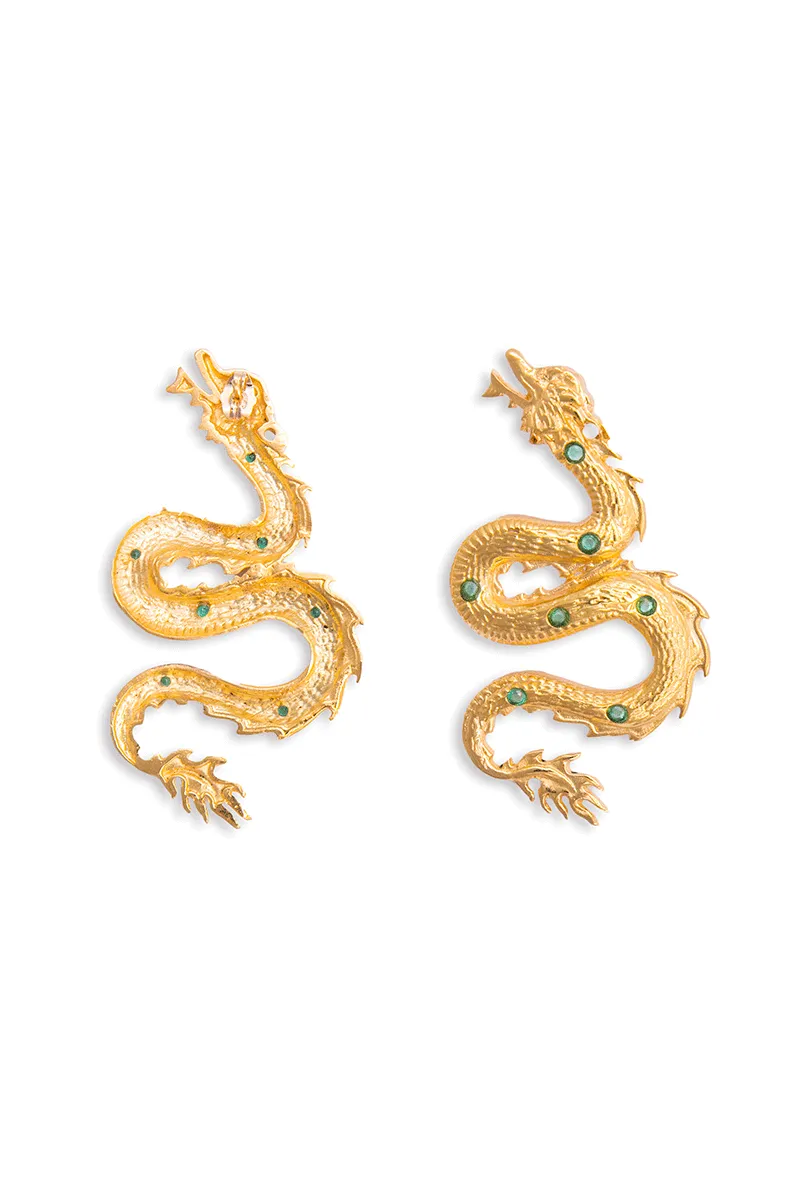 BIG DRAGON EARRINGS WITH GREEN CRYSTAL STONES