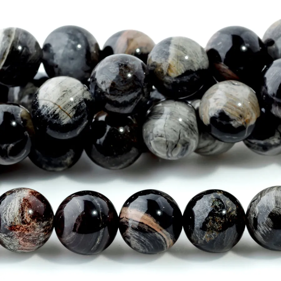 Black Silver Leaf Jasper 10mm Round - 15-16 Inch