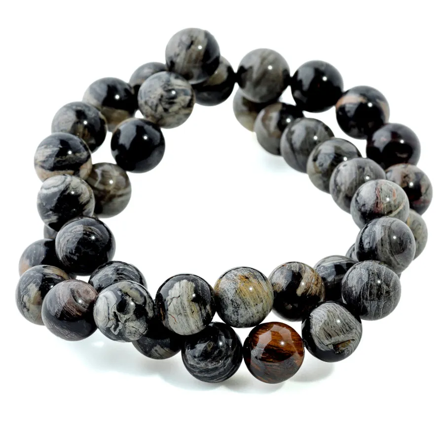 Black Silver Leaf Jasper 10mm Round - 15-16 Inch