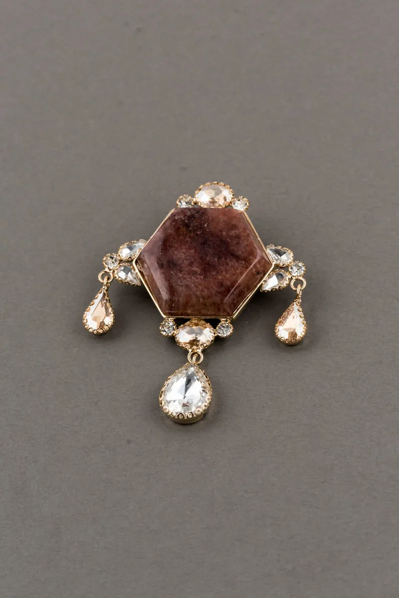 Brown Hexagonal Resin And Crystal Brooch