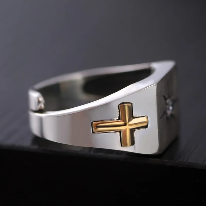 Christian Cross and Virgin Mary White Cubic Zirconia 925 Sterling Silver Adjustable Vintage Ring