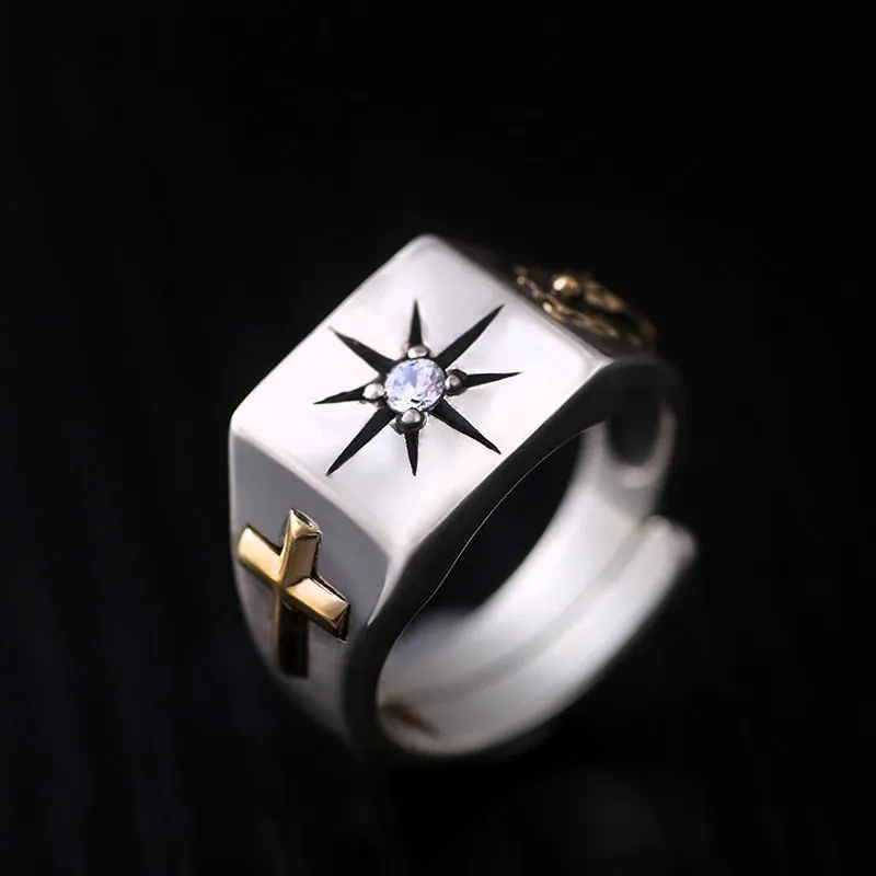 Christian Cross and Virgin Mary White Cubic Zirconia 925 Sterling Silver Adjustable Vintage Ring