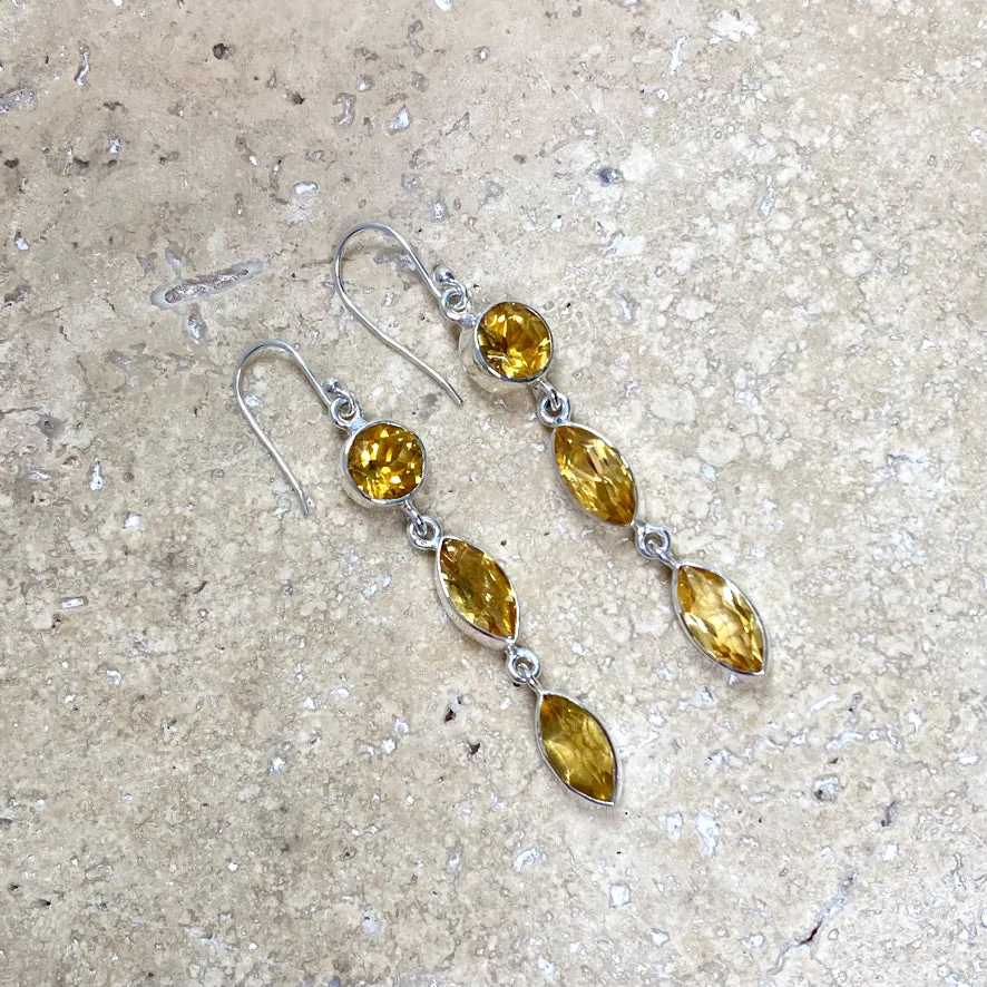 Citrine Earrings with Three Faceted Gemstones- Grace