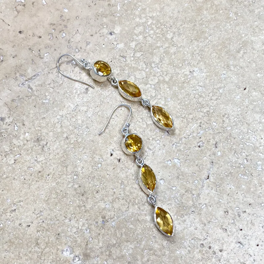 Citrine Earrings with Three Faceted Gemstones- Grace