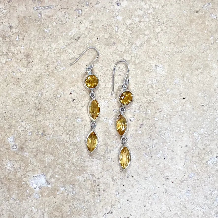 Citrine Earrings with Three Faceted Gemstones- Grace