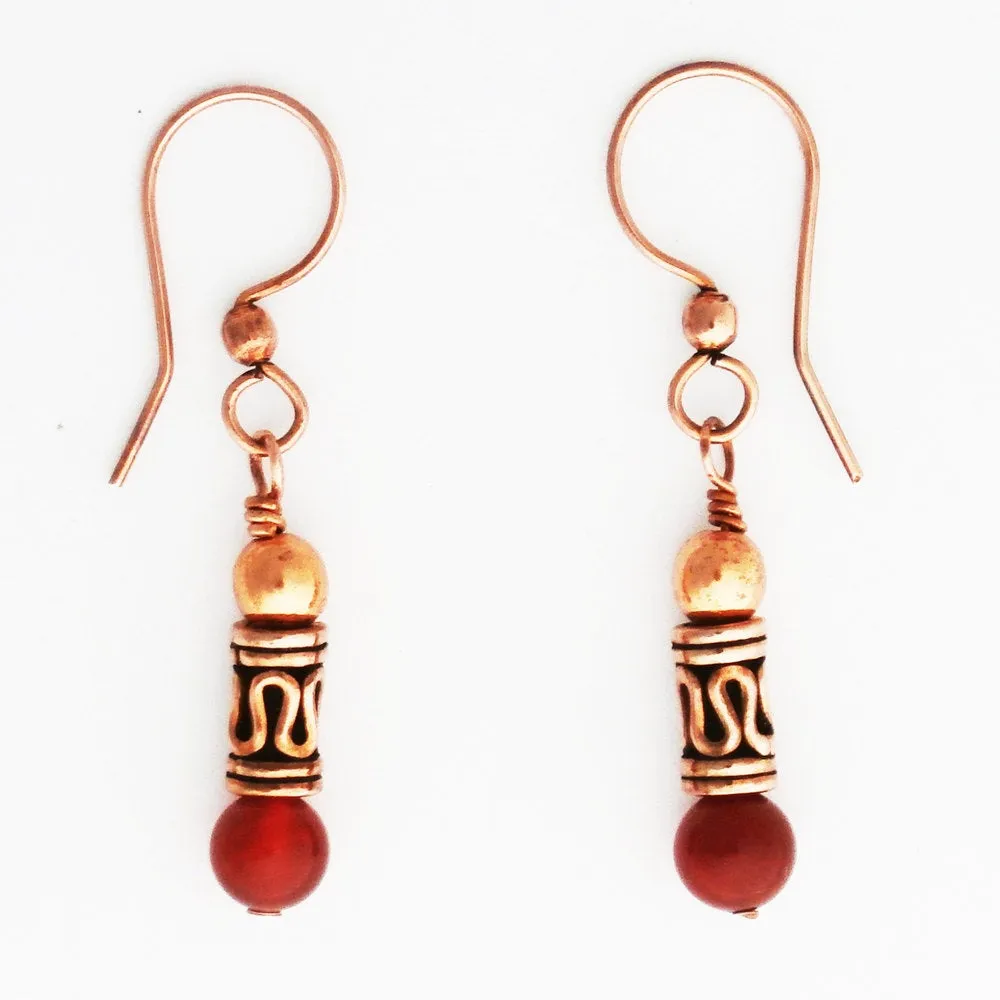 Copper Carnelian Earrings With Handmade Copper Beads ECD21X Solid Copper Earrings With Carnelian Gemstone Beads