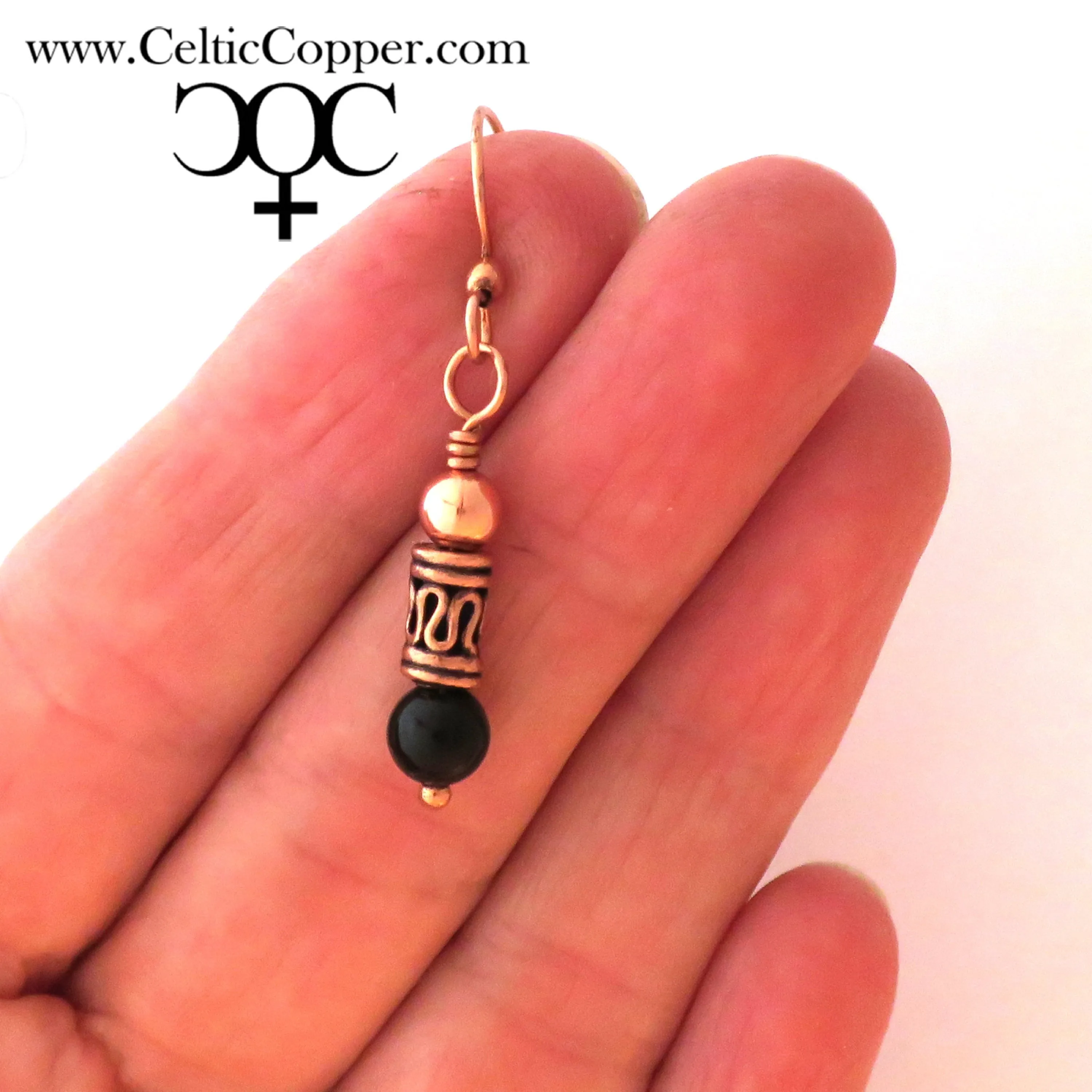 Copper Drop Earrings With Black Obsidian And Handmade Copper Beads ECPX Solid Copper Dangle Style Earrings