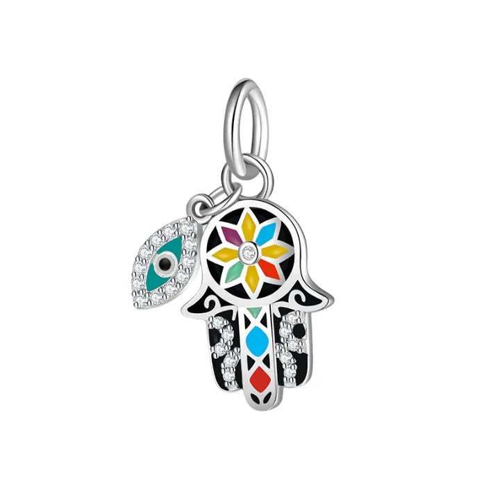 Crystal Enamel Hamsa Hand & Evil Eye Double Dangle Charm 925 Sterling Silver