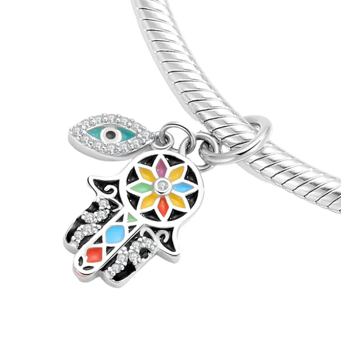 Crystal Enamel Hamsa Hand & Evil Eye Double Dangle Charm 925 Sterling Silver