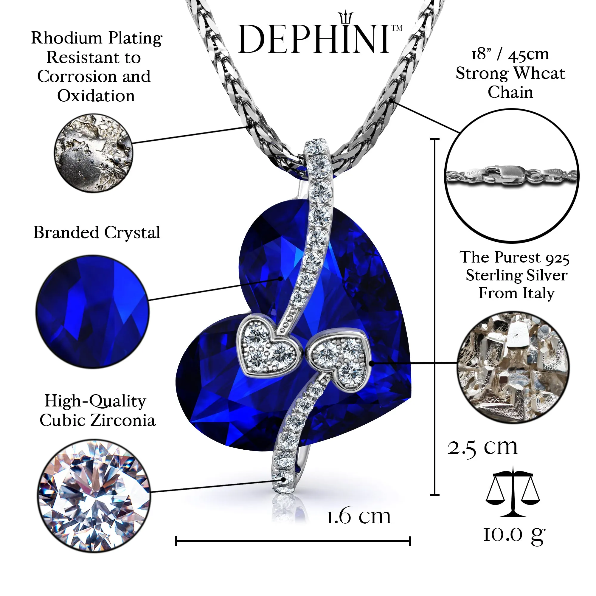 DEPHINI - Blue Heart Necklace - 925 Sterling Silver Pendant SW Crystal