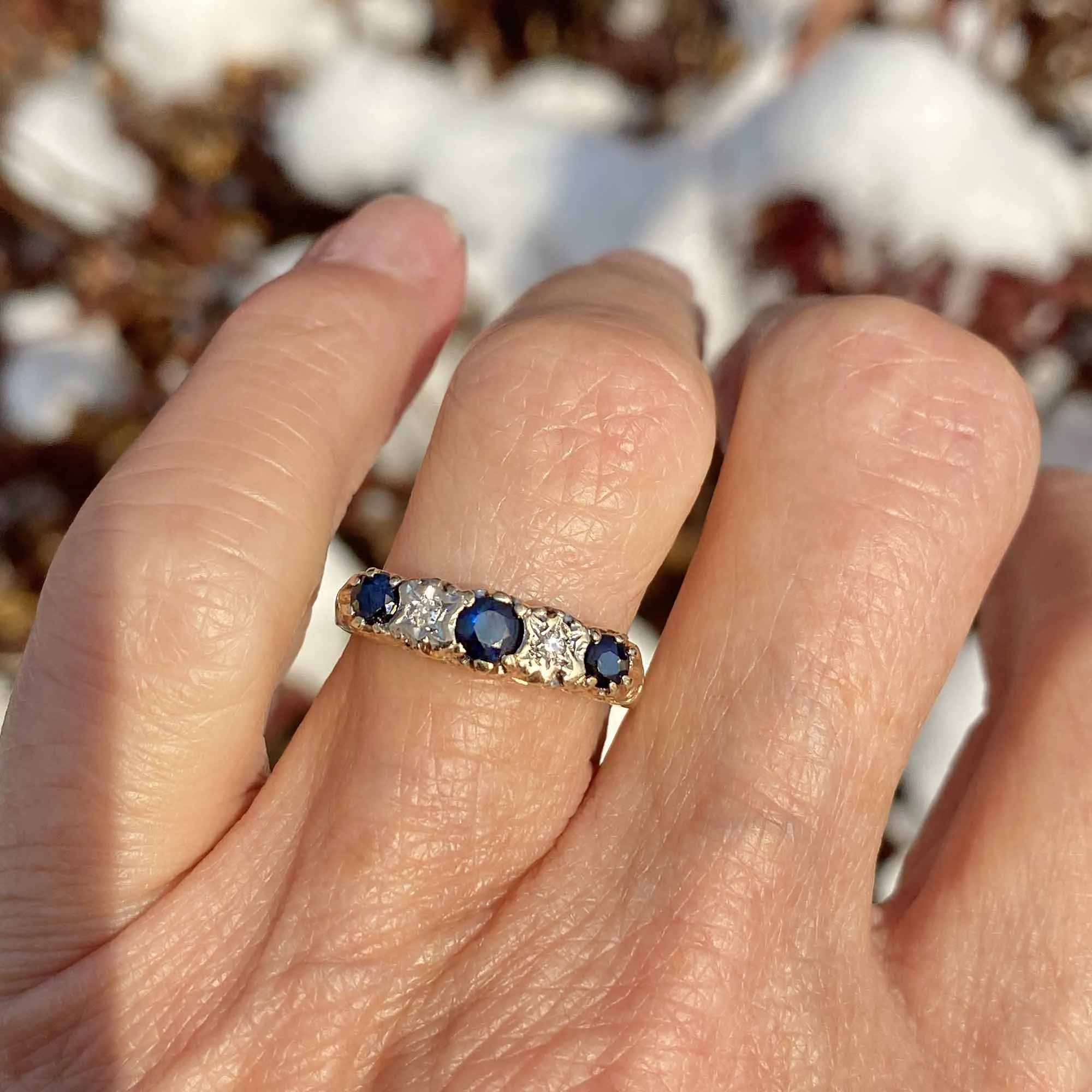 Diamond Sapphire Victorian Style Band Ring in Gold