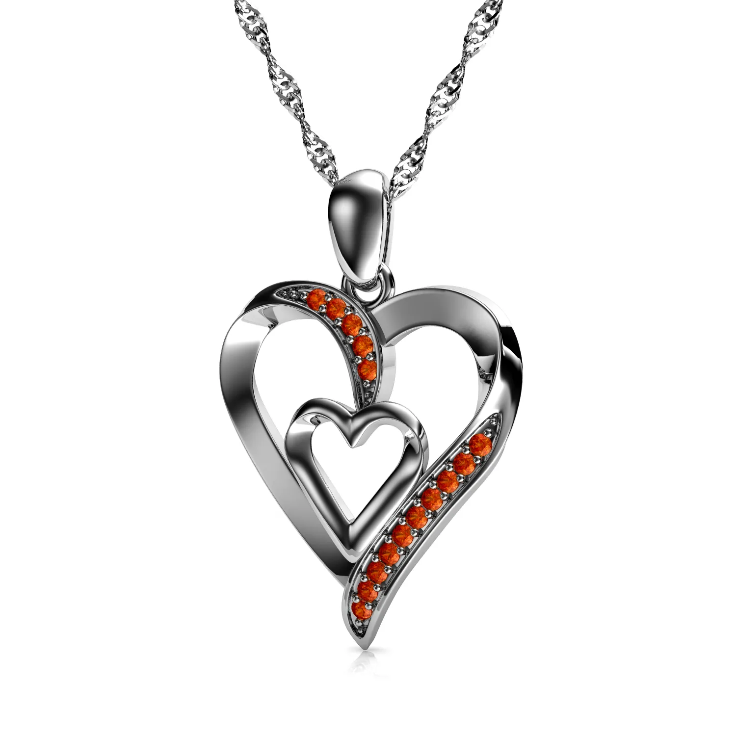 Double Heart Necklace 925 Sterling Silver Jewellery Dephini Orange CZ