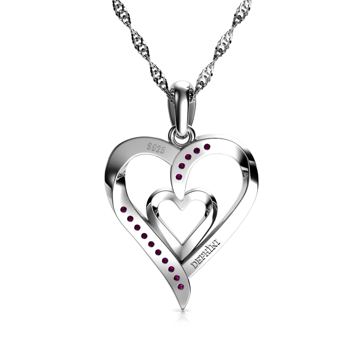 Double Heart Necklace 925 Sterling Silver Jewellery Dephini Pink CZ