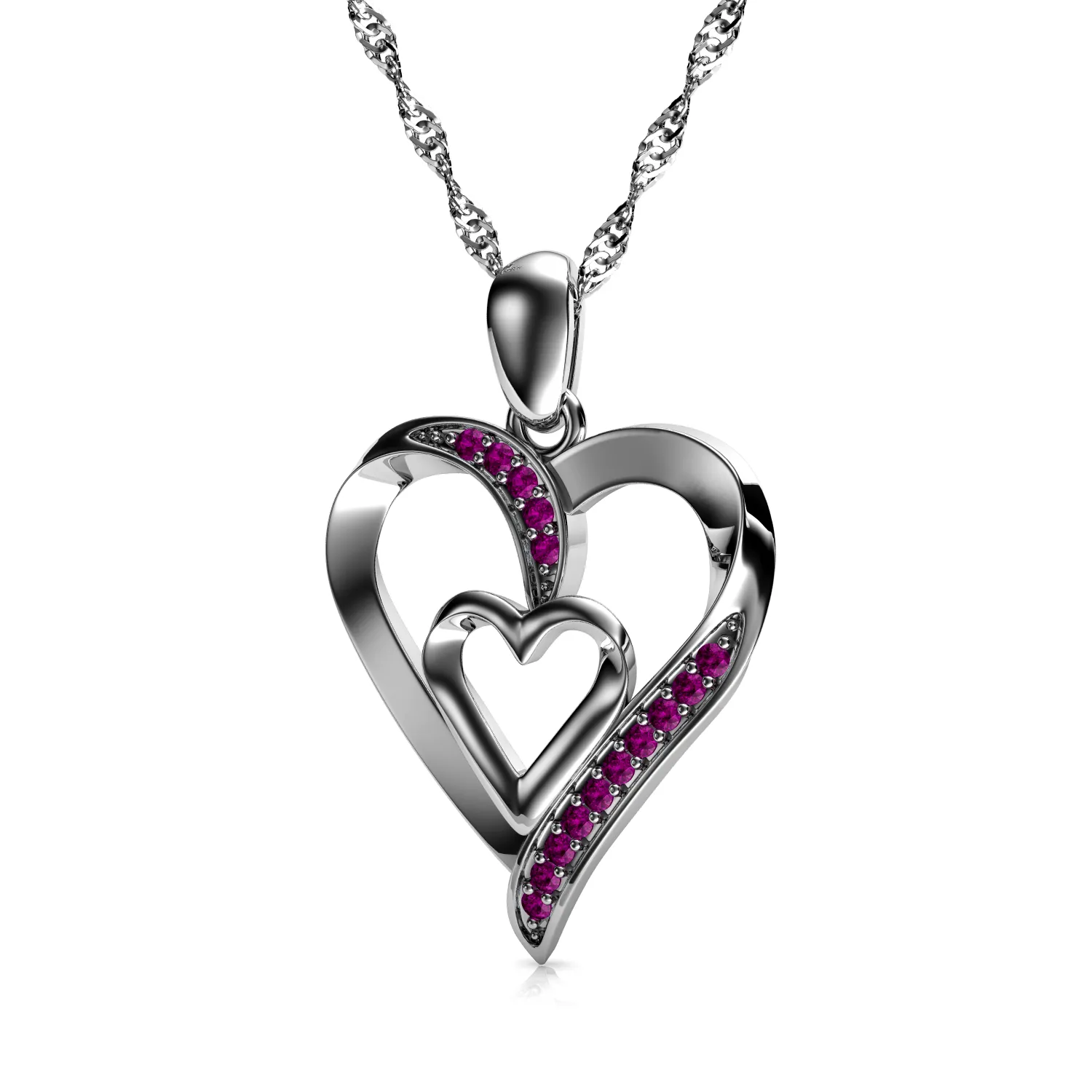 Double Heart Necklace 925 Sterling Silver Jewellery Dephini Pink CZ