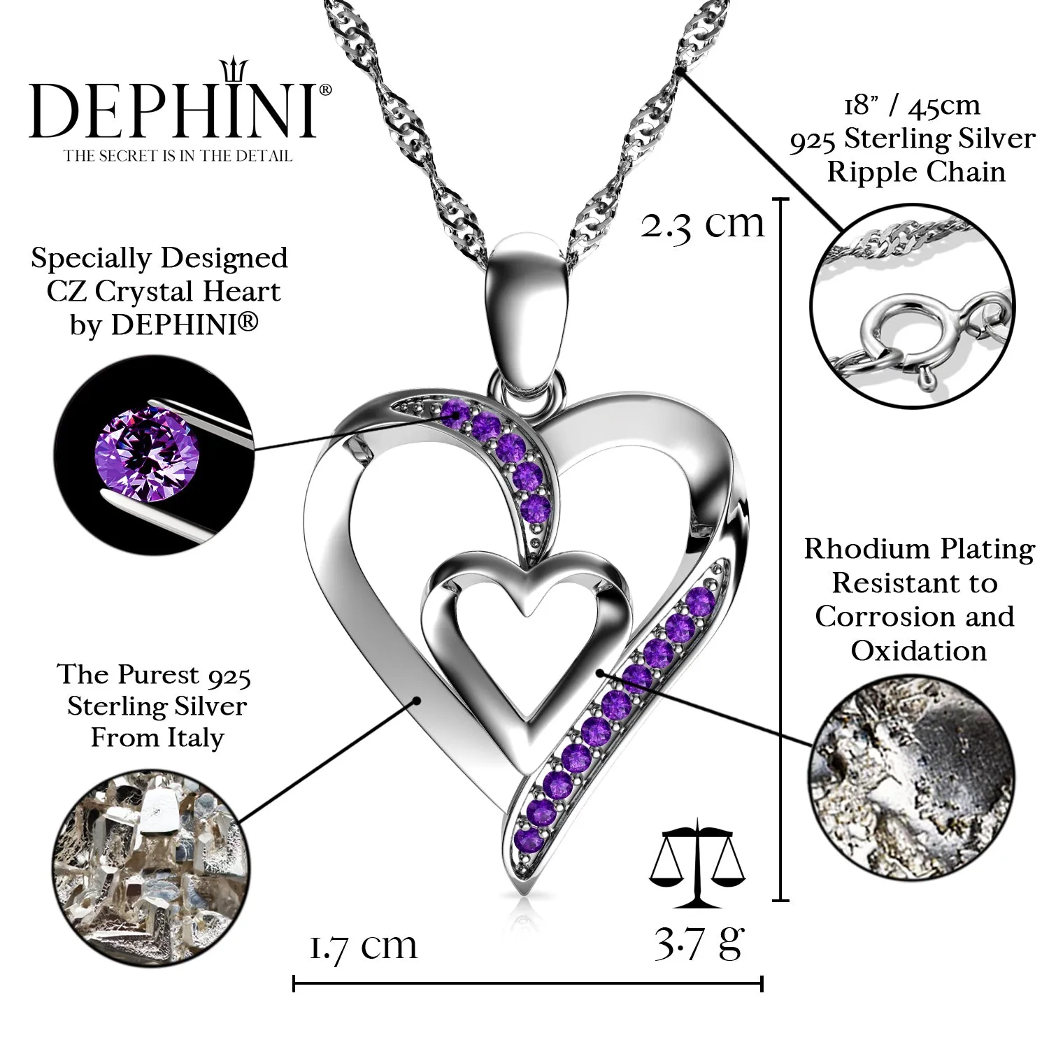 Double Heart Necklace 925 Sterling Silver Jewellery Dephini Purple CZ