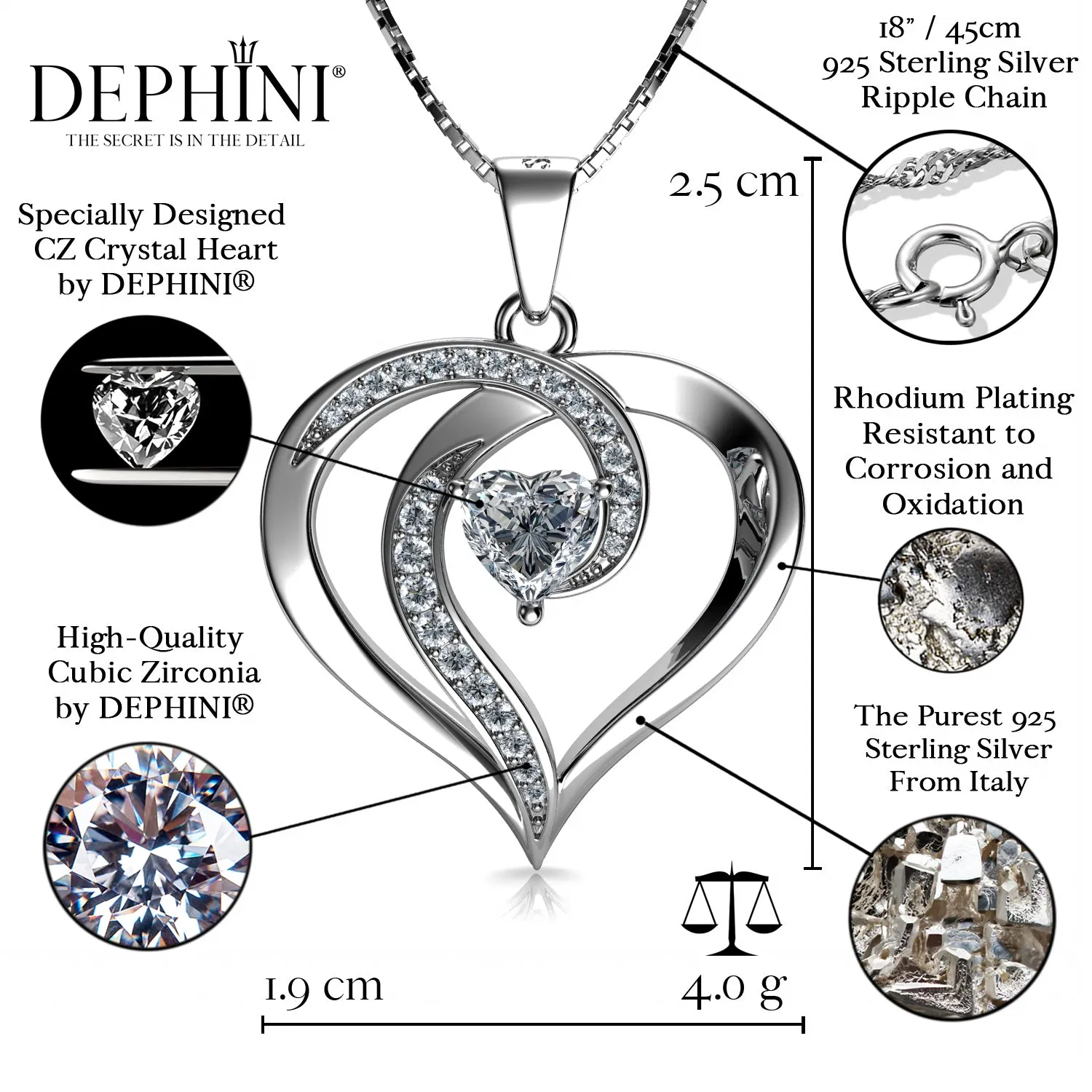 Elegant Necklace - 925 Sterling Silver Jewellery Heart Pendant Dephini