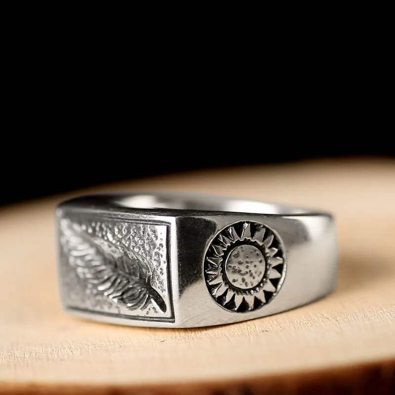 Engraved Leaf, Arrows and Sun 925 Sterling Silver Handmade Vintage Steampunk Biker Ring