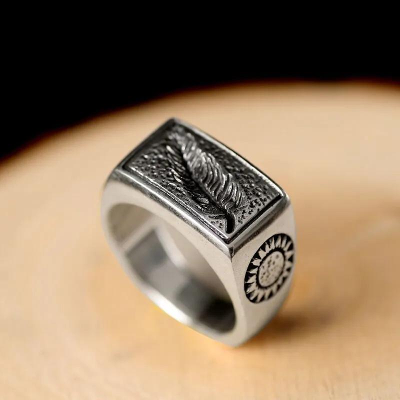 Engraved Leaf, Arrows and Sun 925 Sterling Silver Handmade Vintage Steampunk Biker Ring